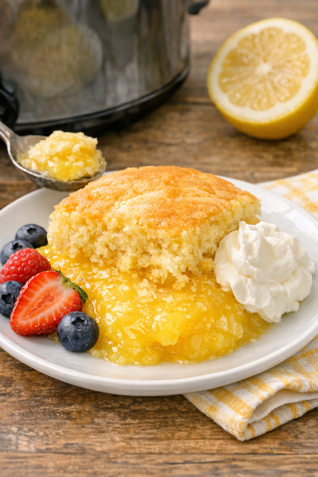 Finished lemon pudding cake served warm on a plate