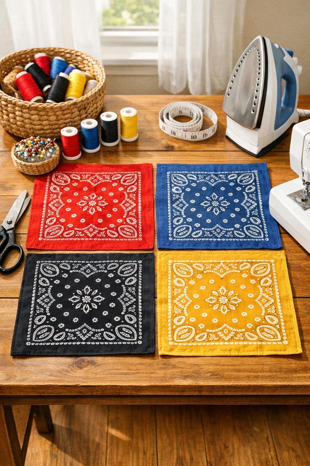 Four cotton bandanas and sewing supplies laid out for a basket liner project
