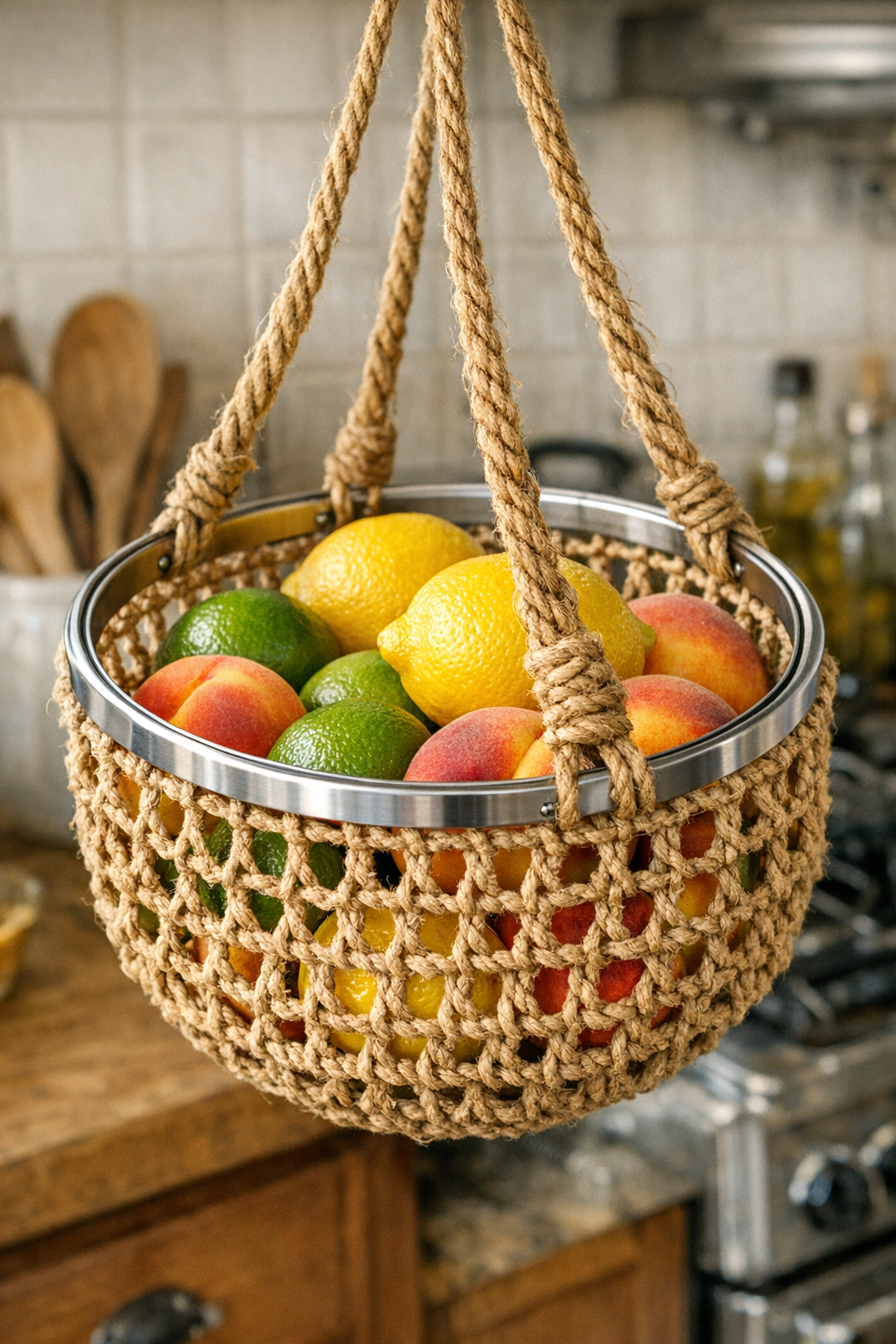 Finished DIY crochet jute hanging fruit basket made from a metal splatter screen