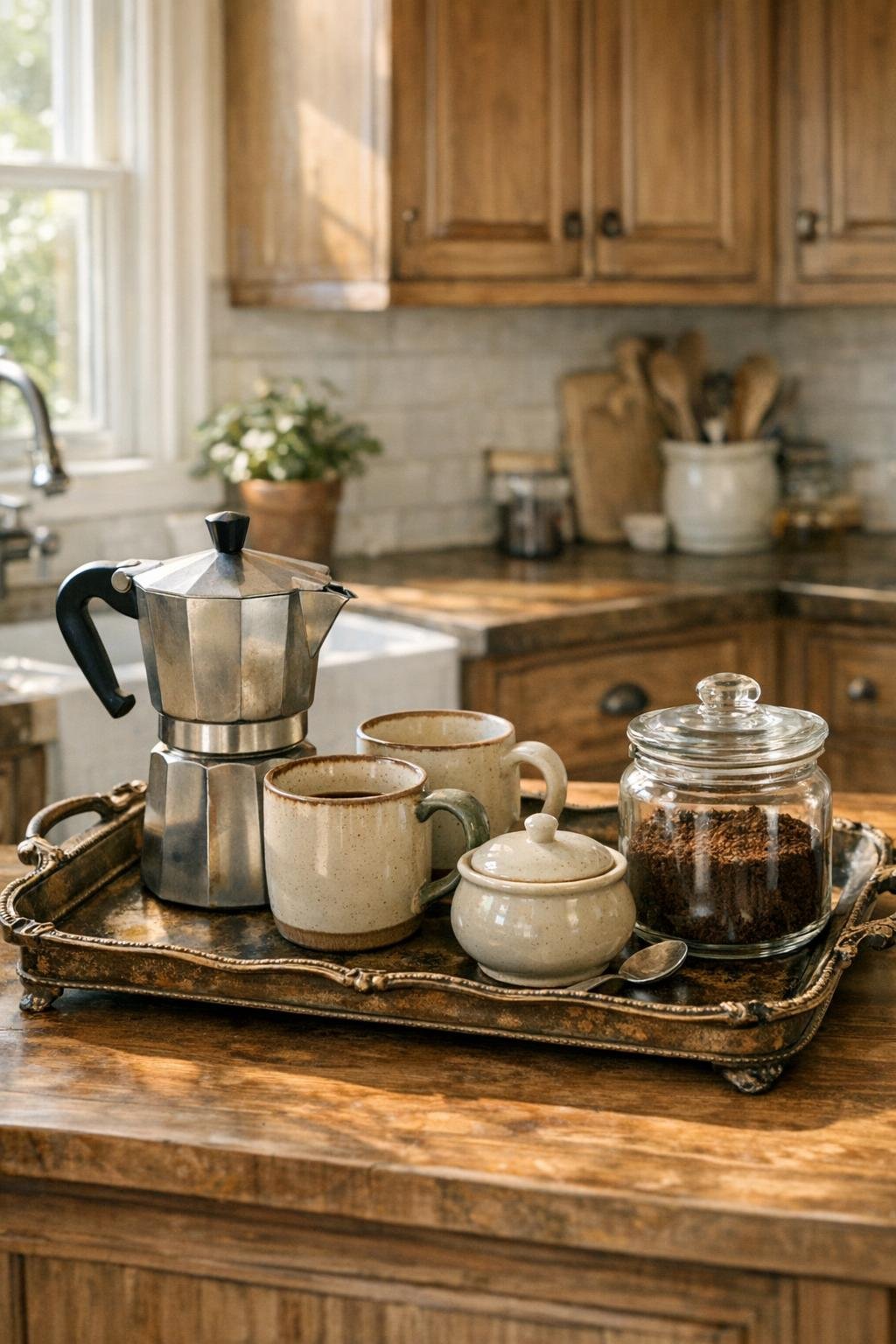 Old serving tray used as a coffee station