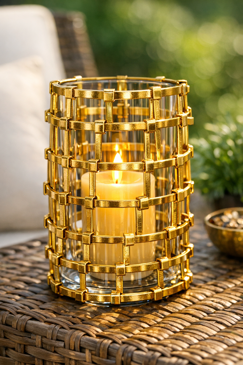 Finished DIY luxury patio lantern made from gold-painted zip ties around a glass vase