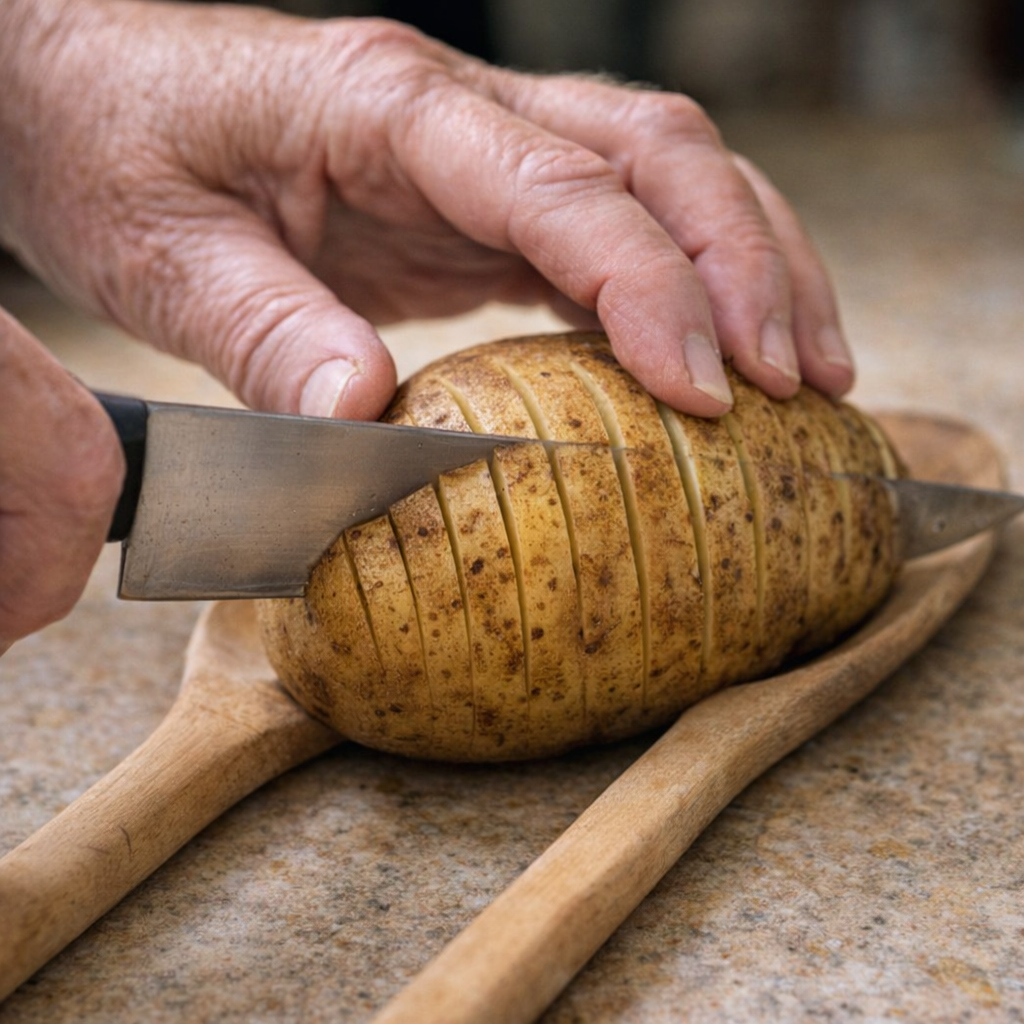 Hands slicing a potato Hasselback-style beside wooden spoon handles