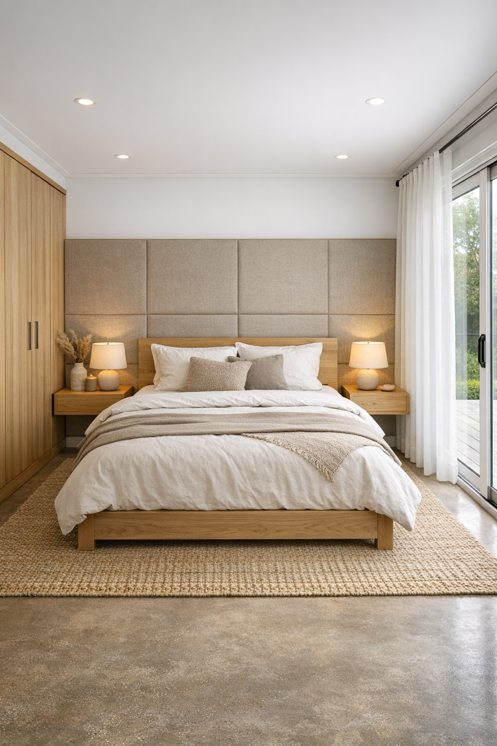 Serene accessible bedroom with oak platform bed and layered neutral textiles