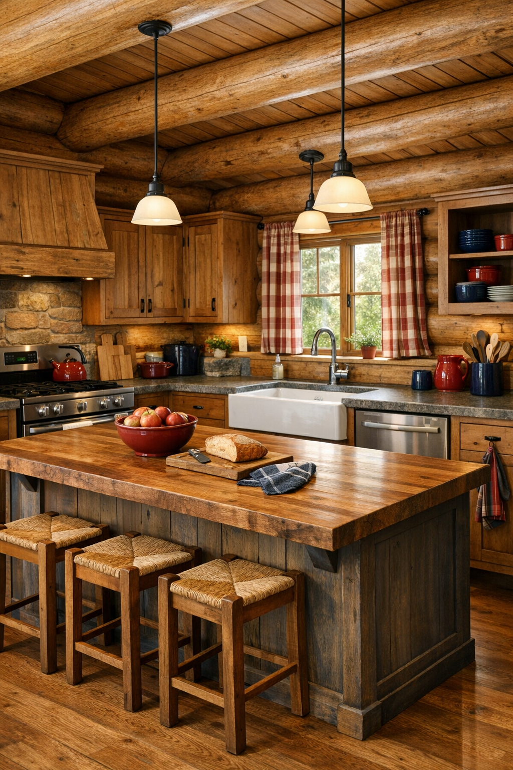 Handcrafted log home kitchen with wood cabinetry and large central island