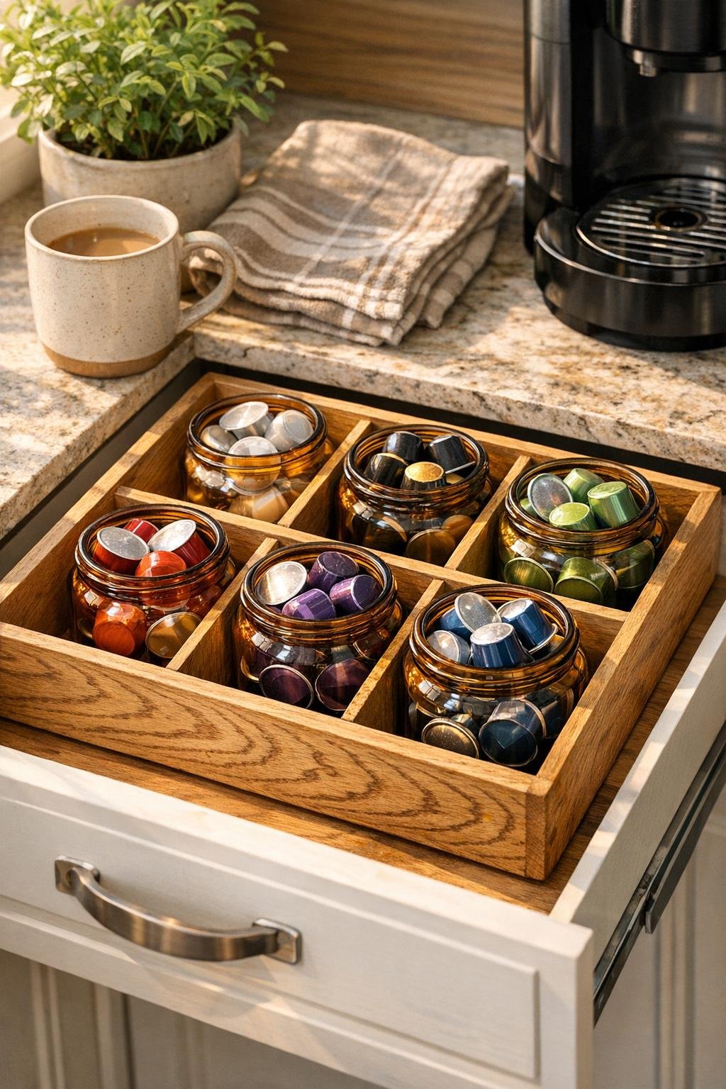 Finished coffee pod drawer organizer made from amber baby food jars in a wooden silverware tray