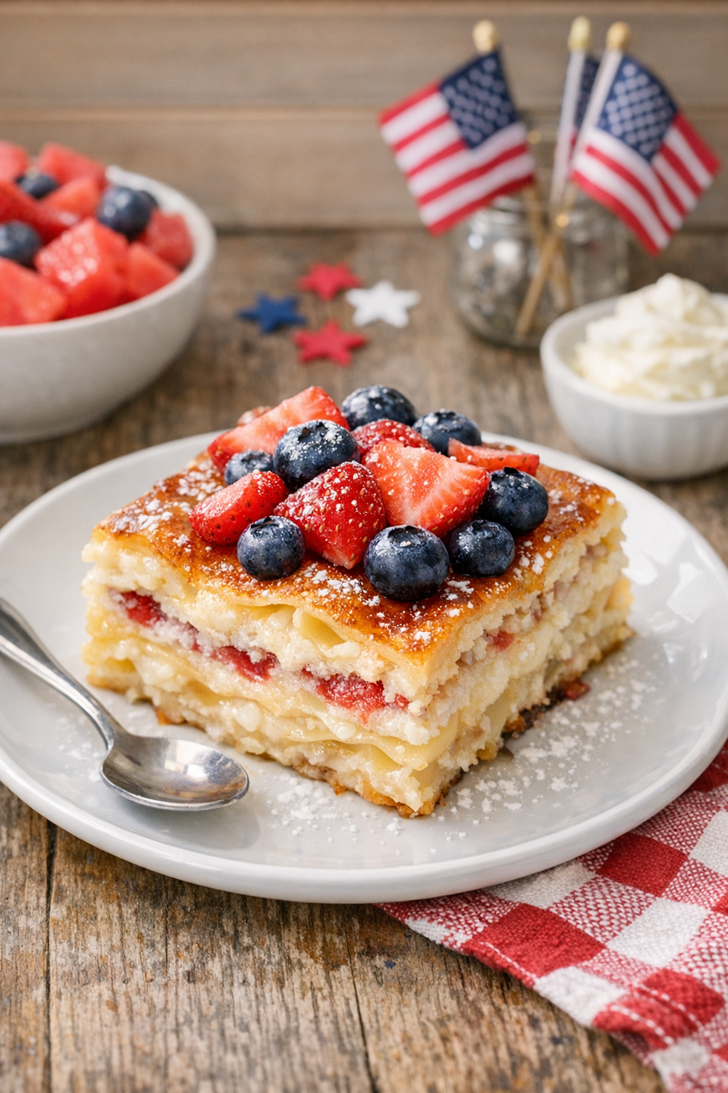 Plated slice of sweet baked noodle dessert with berries