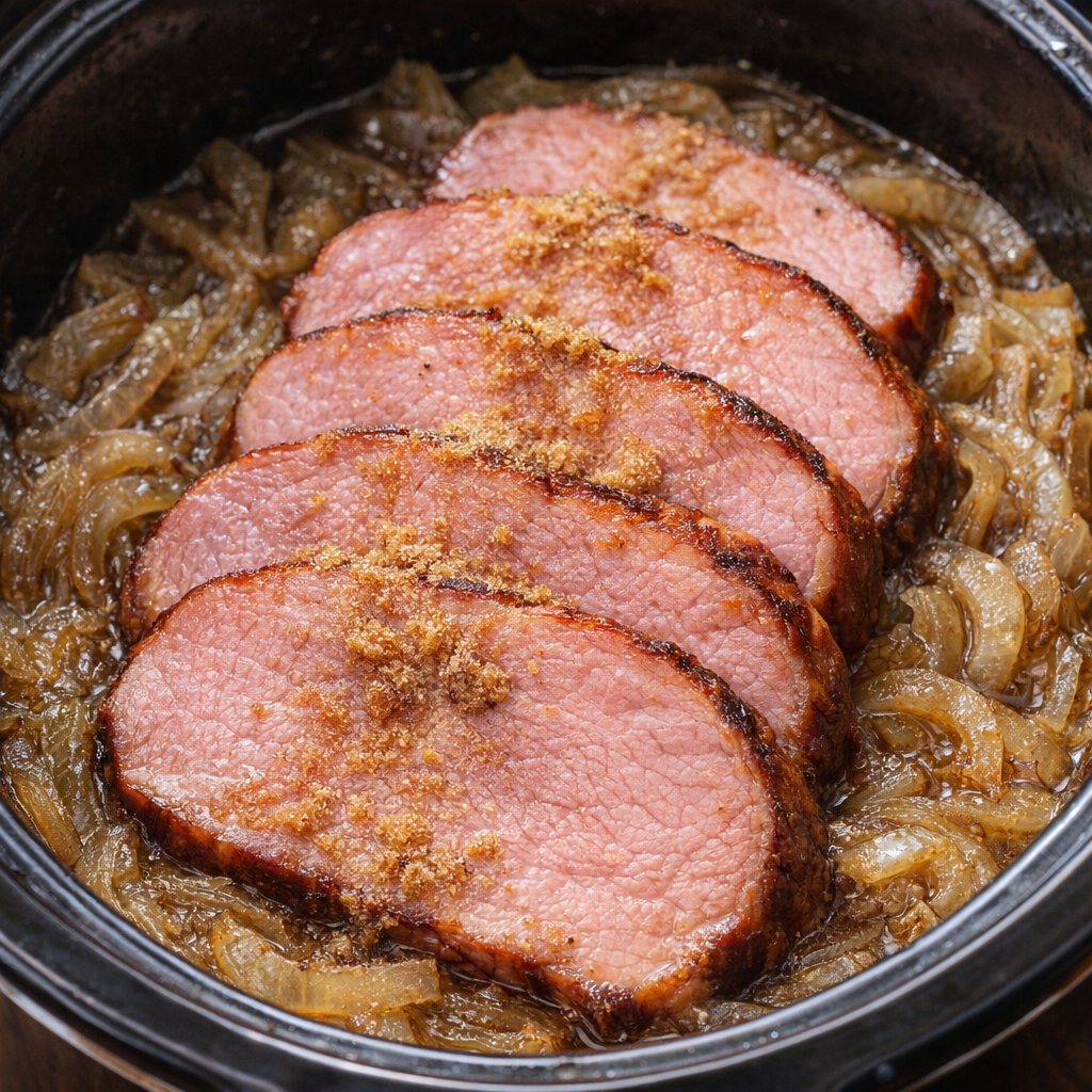 Ham slices arranged over onions in the slow cooker
