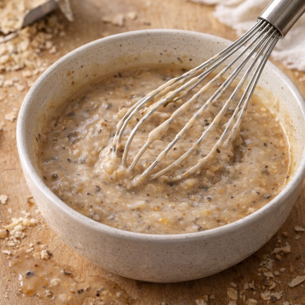 Creamy soup mixture being whisked in a small bowl
