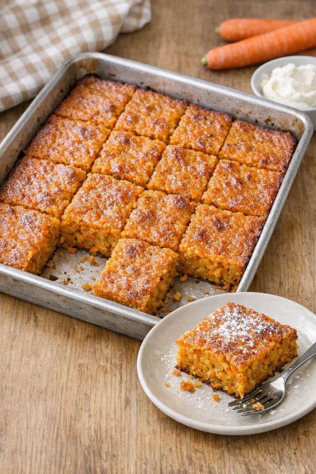 Finished baked carrot dessert in a sheet pan
