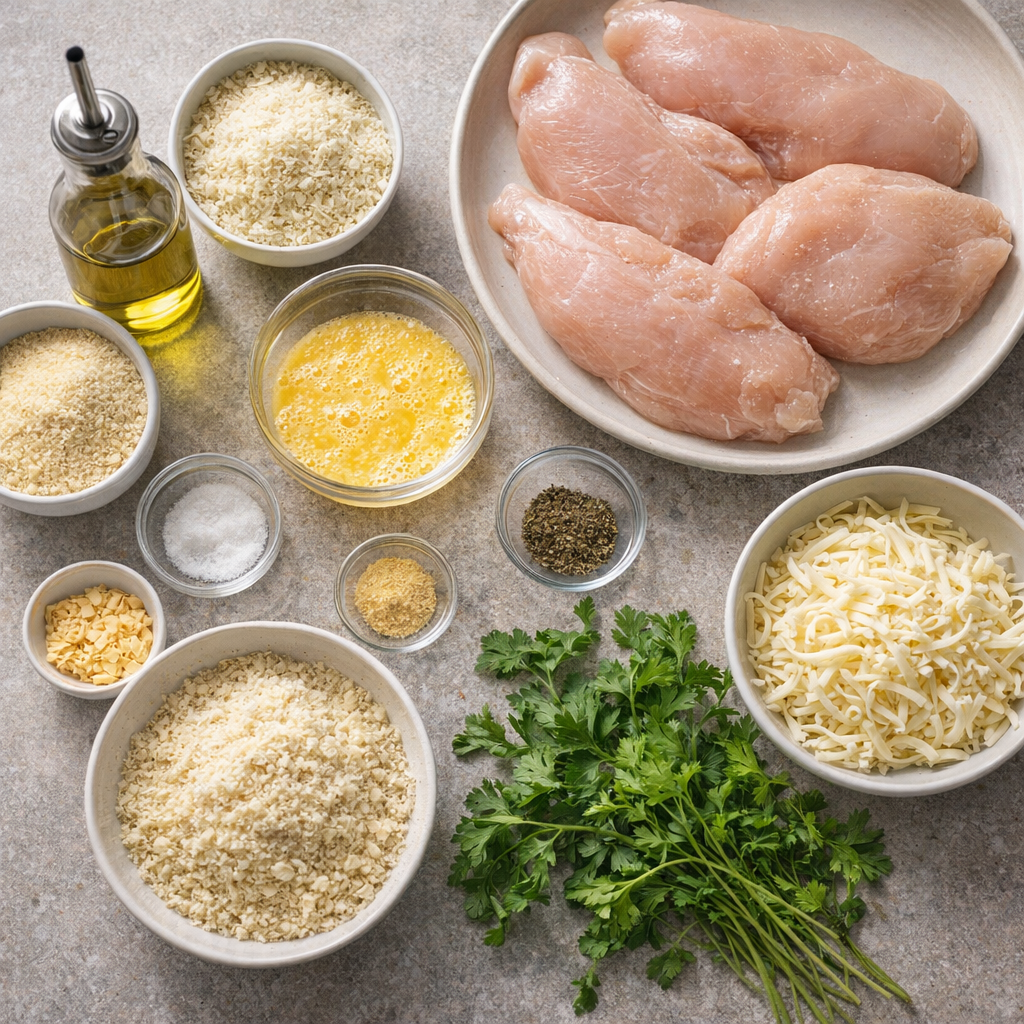 Ingredients for garlic Parmesan chicken arranged on a kitchen counter