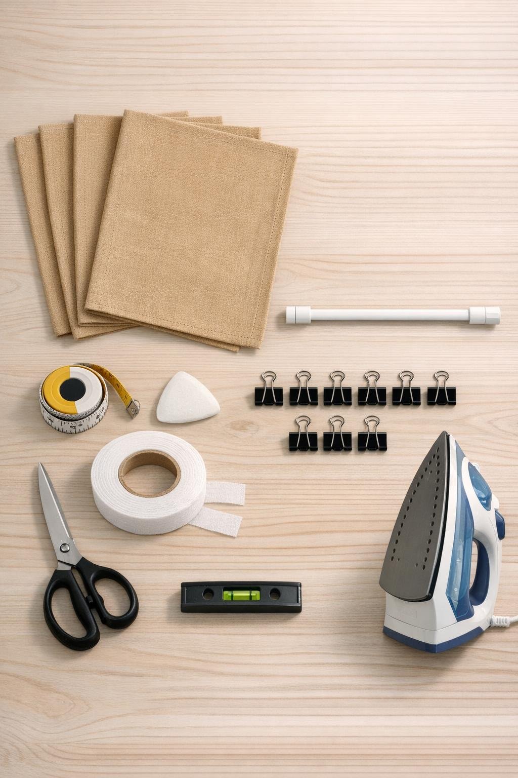 Canvas placemats, tension rod, binder clips, and basic supplies laid out for the project