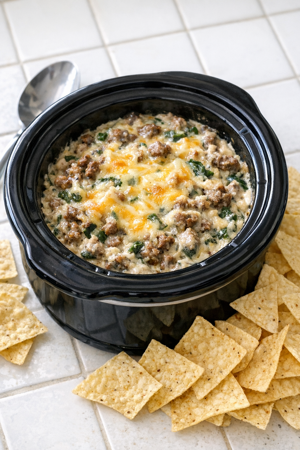 Finished beef spinach dip in a slow cooker