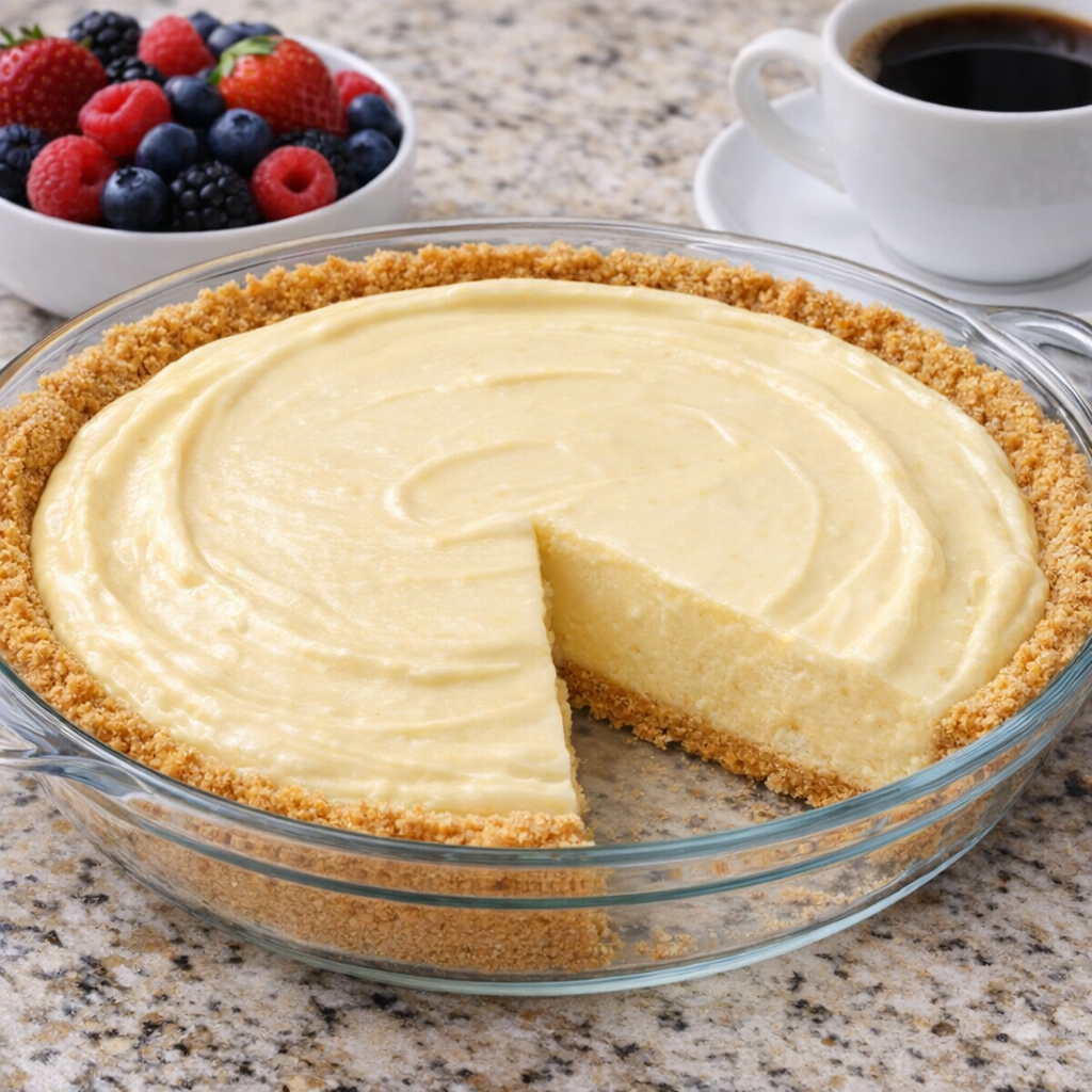 Finished creamy lemonade pie professionally plated with coffee and fresh berries