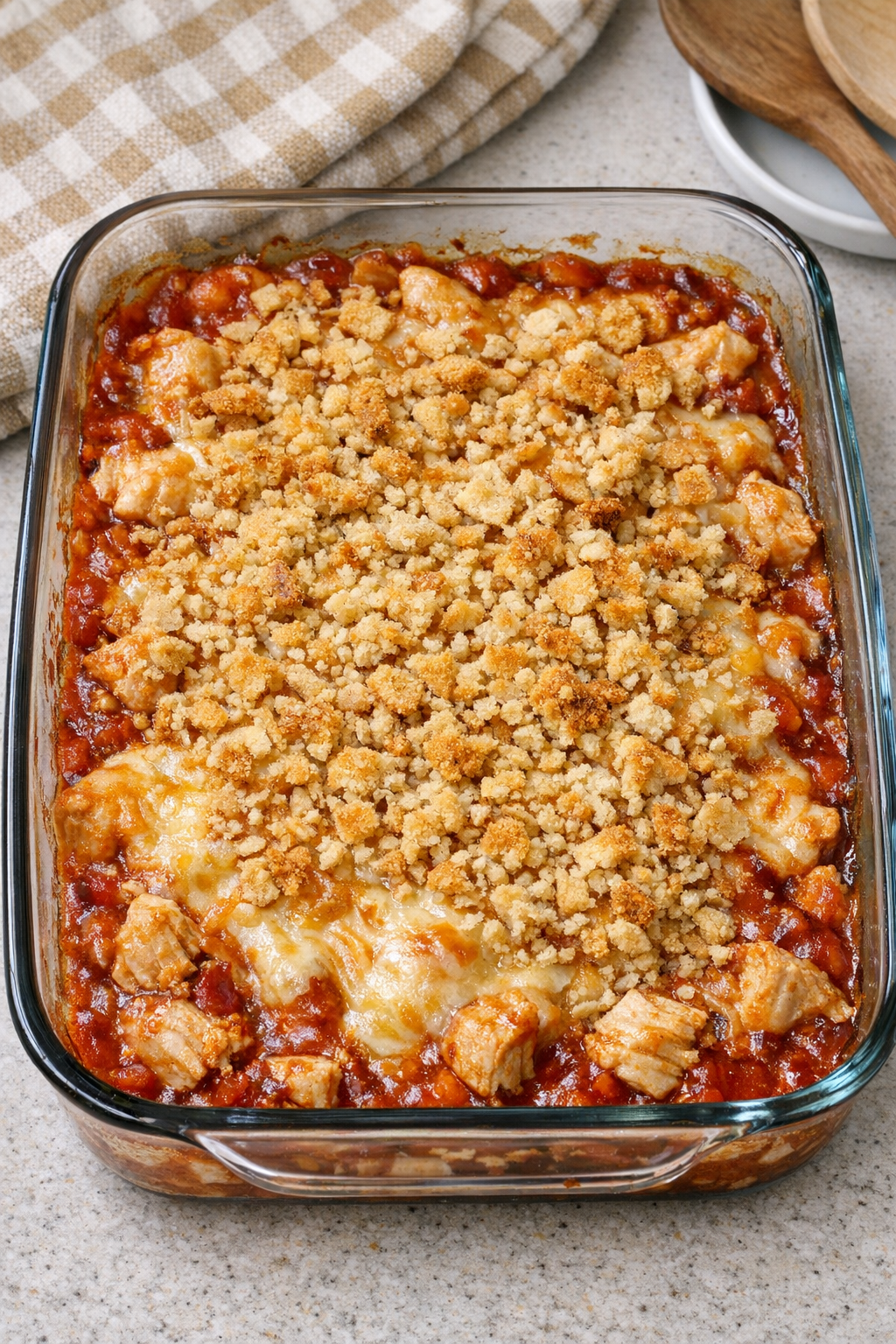Finished baked chicken casserole in a glass dish