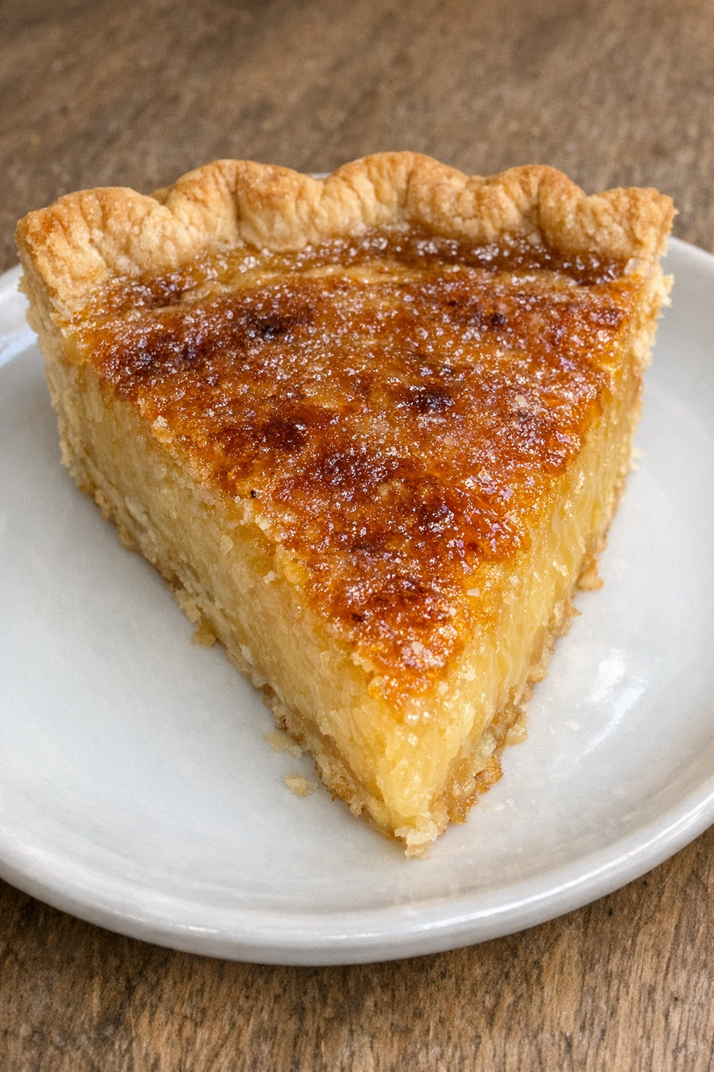 Close up of 3-ingredient vinegar pie on a white ceramic plate