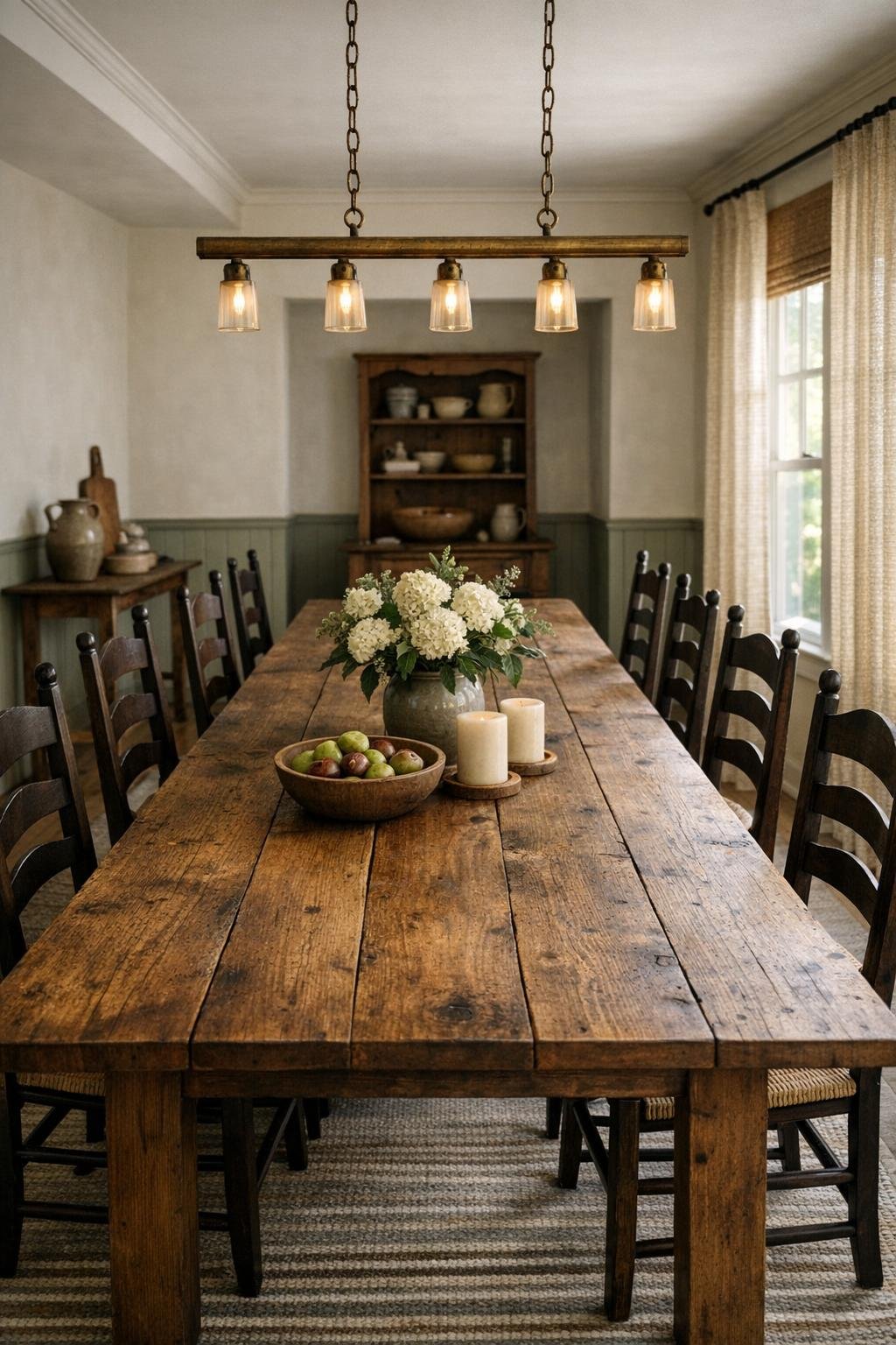 Farmhouse dining room with long wood table and aged brass light fixture