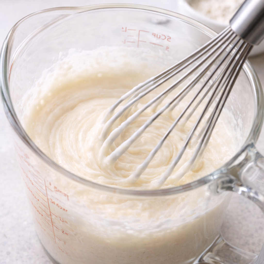 Milk and mayonnaise being whisked together