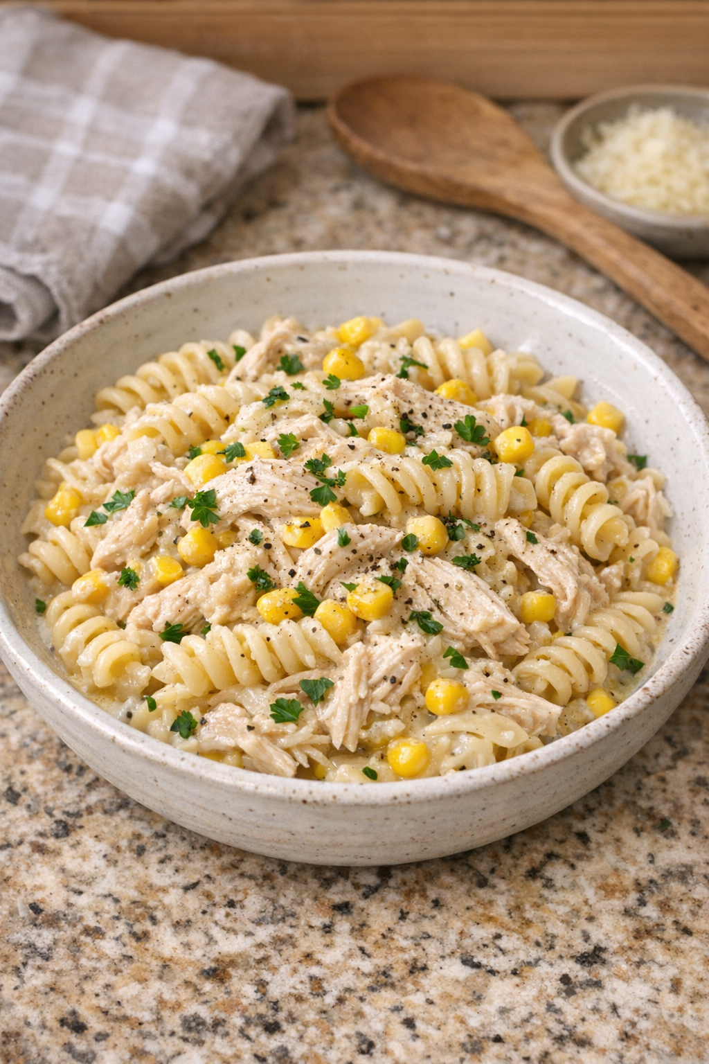 Finished Amish corn chicken pasta plated in a rustic bowl
