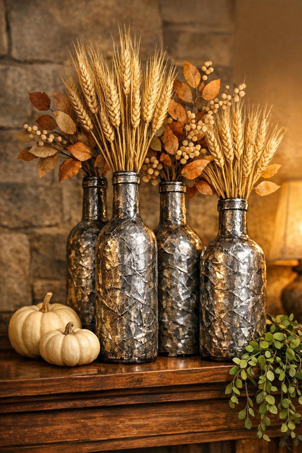 Finished hammered pewter harvest vases displayed on a fall mantel