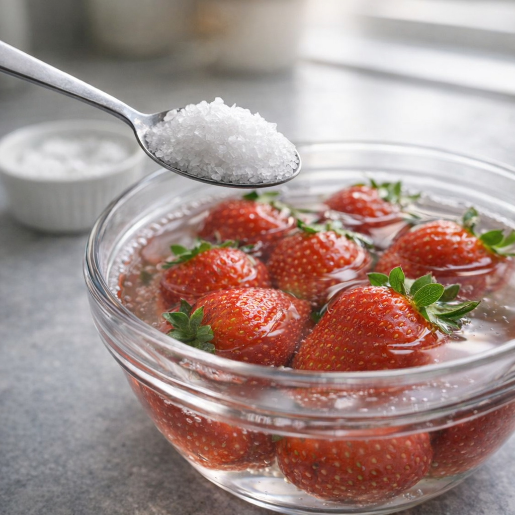 Measuring salt beside a bowl of strawberries and water