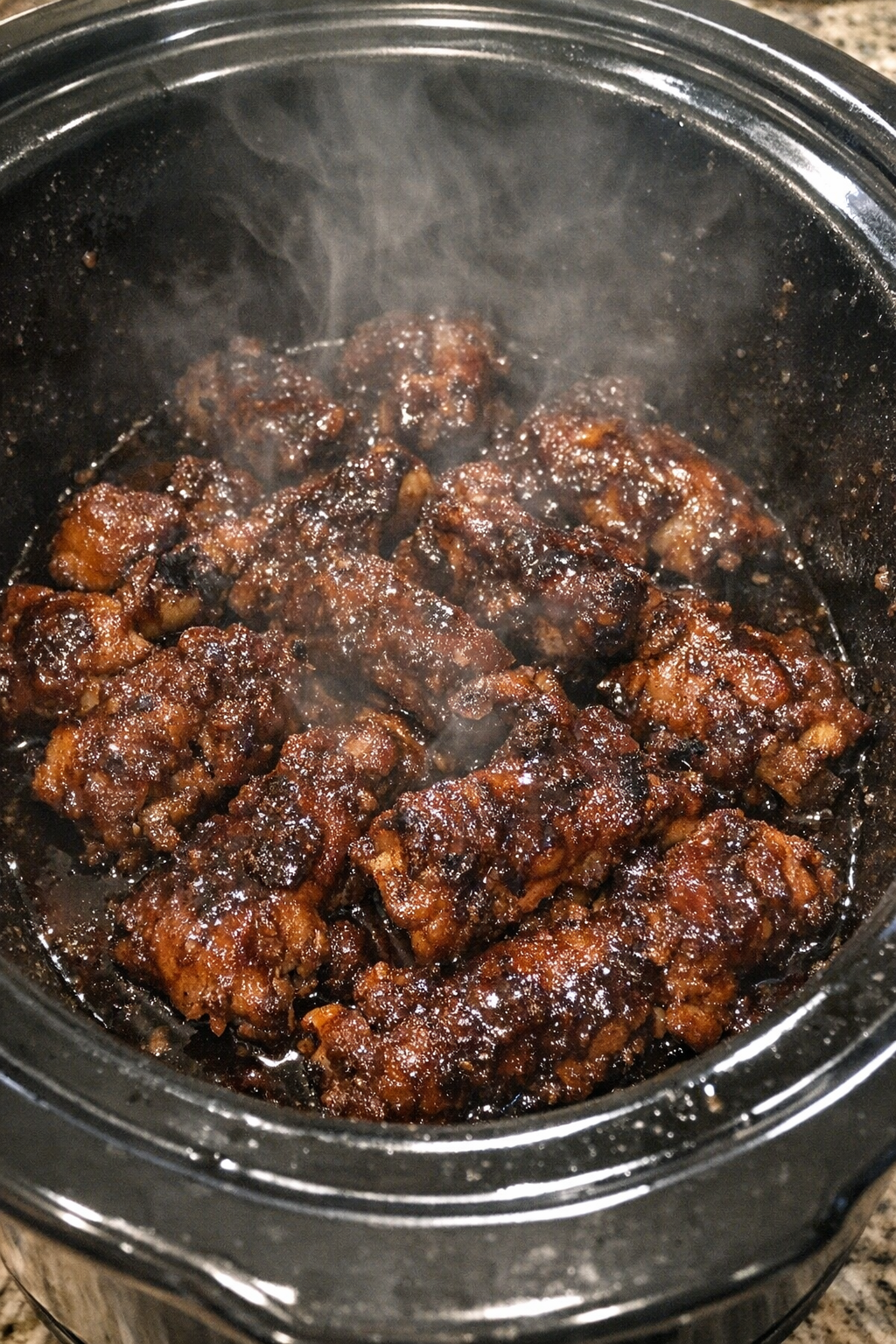 Slow cooker pork riblets with dark sticky glaze