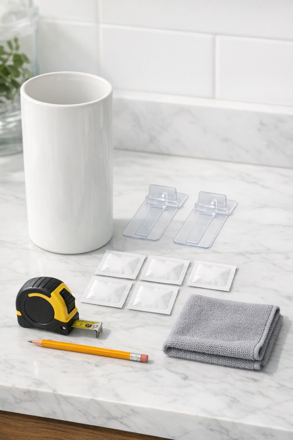 Materials for the bathroom hair tool holder laid out together