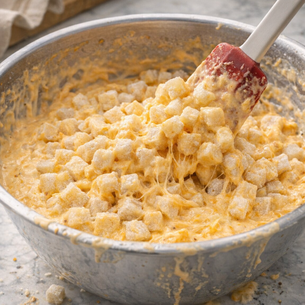 Creamy potato mixture being folded together in a mixing bowl