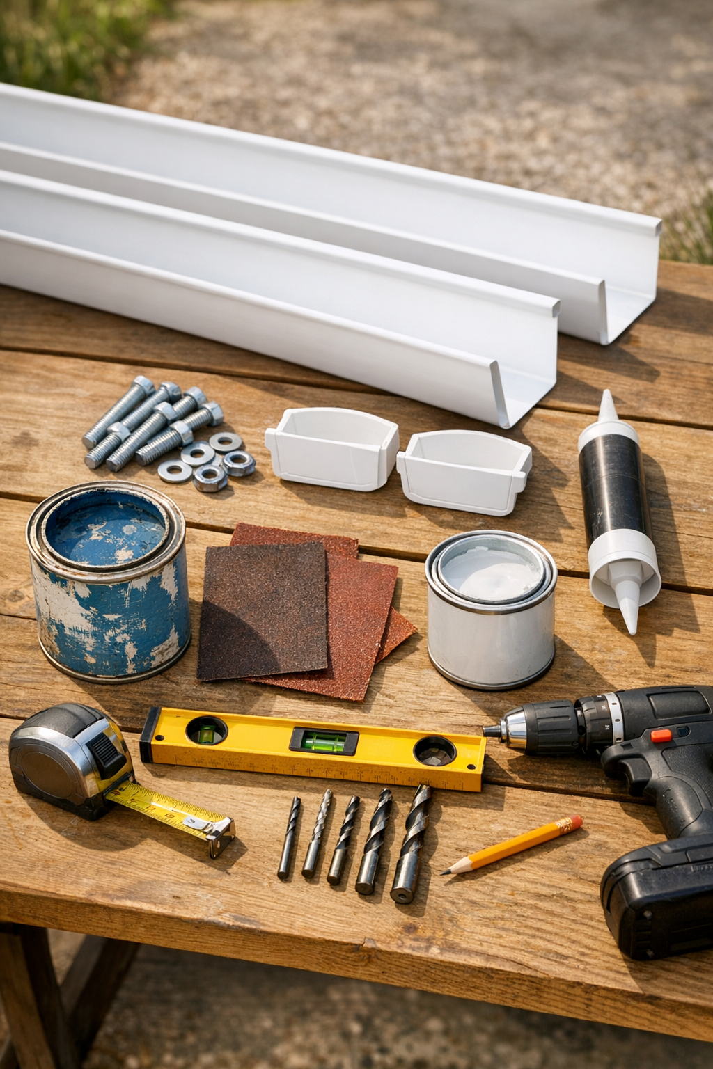 Materials for building a rain gutter bar shelf laid out on a work surface