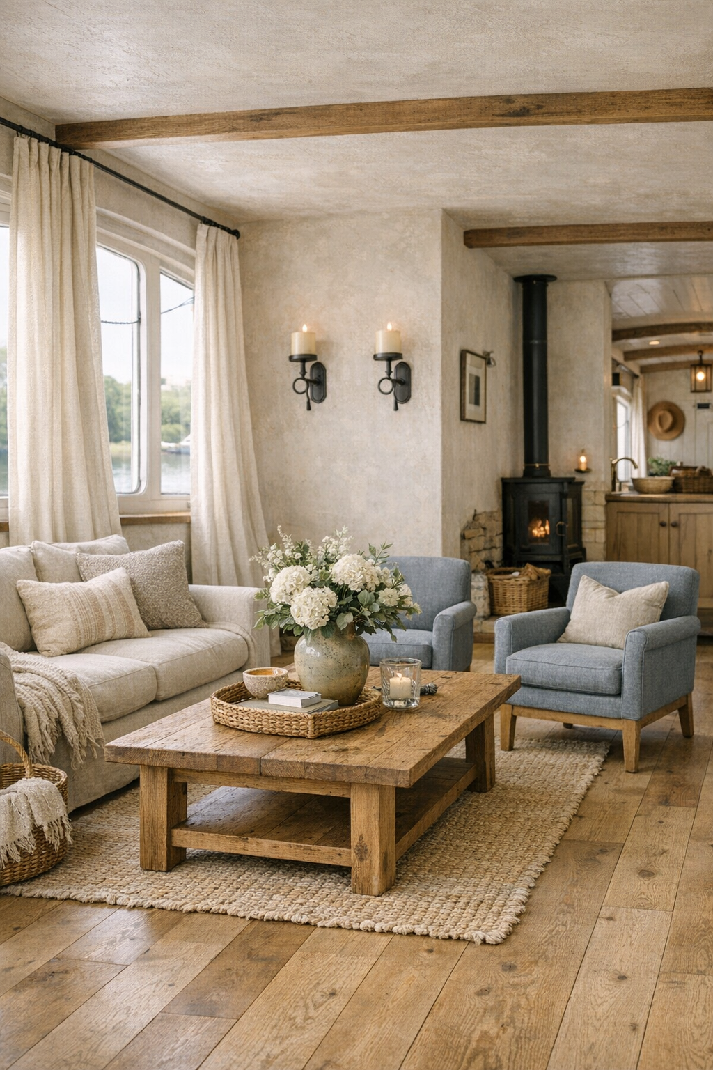 French country living room on a barrier-free houseboat with linen seating and pale oak floors