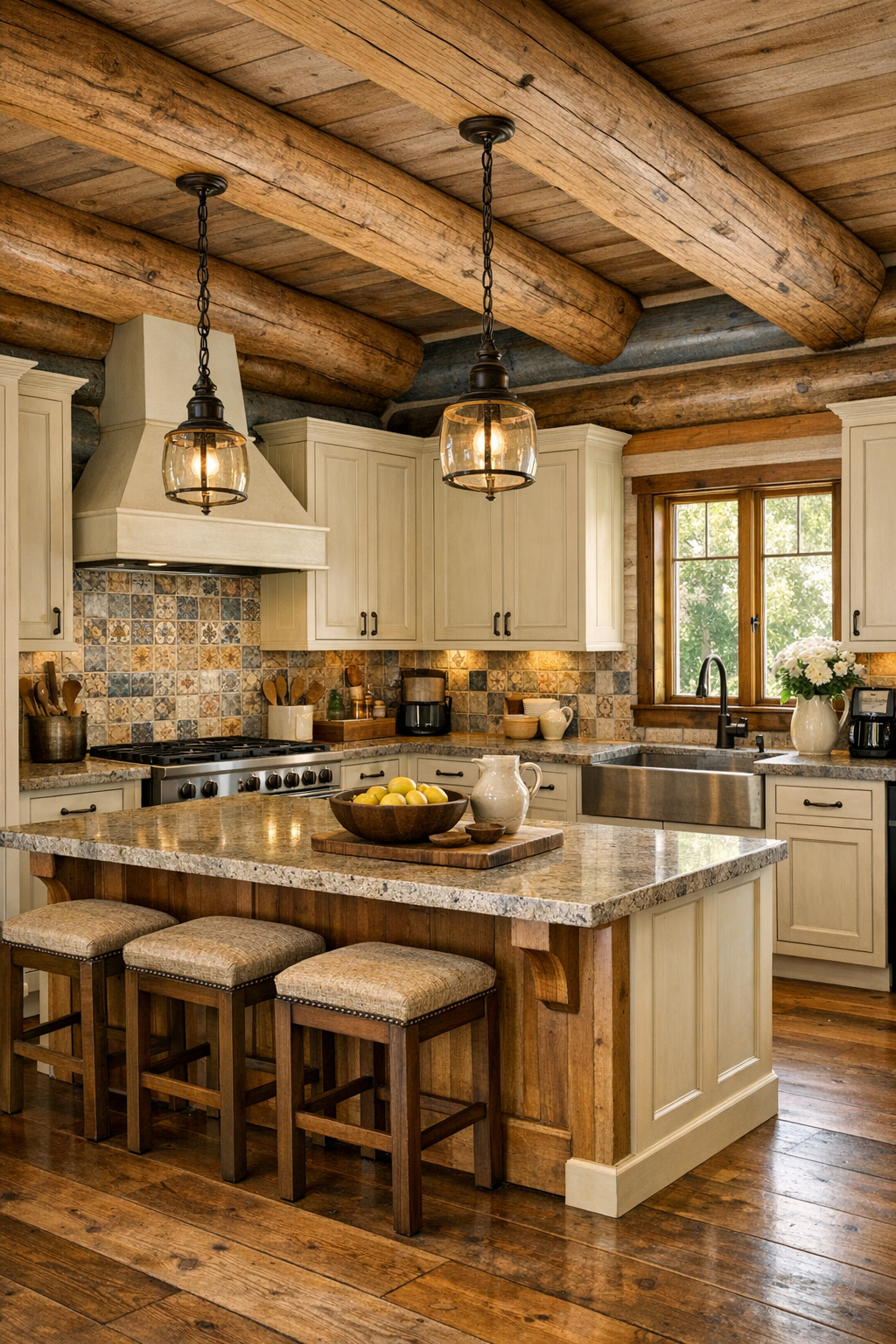 Traditional log home kitchen with warm wood, cream cabinetry, and stone counters