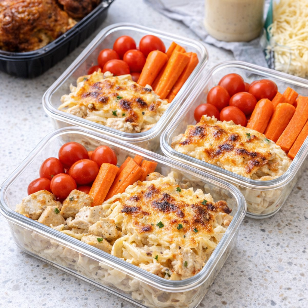 Portioned leftover chicken alfredo bake in meal prep containers