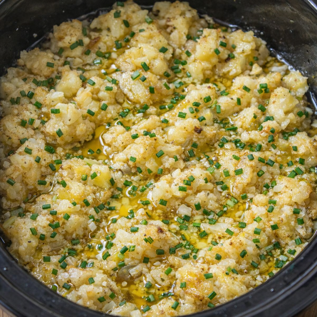 Smashed potatoes with butter and chives before final crisping