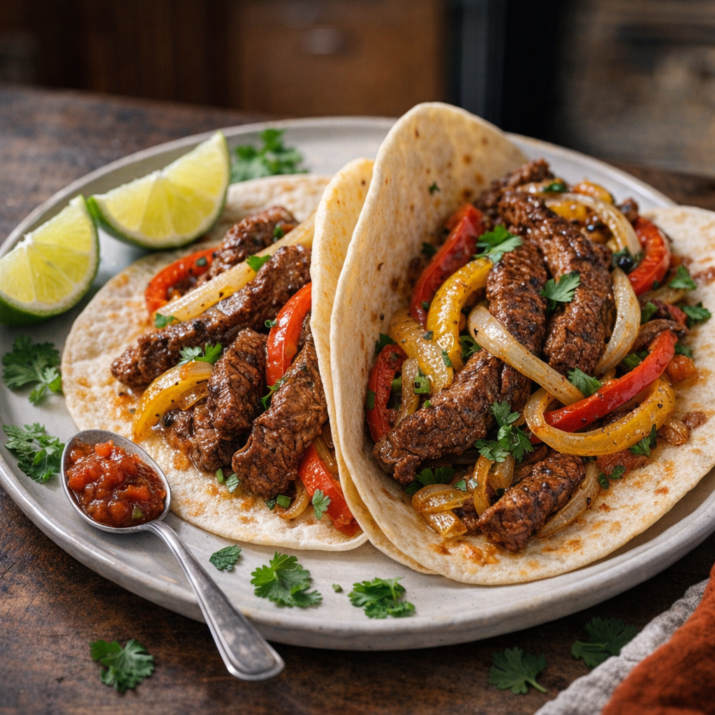 Slow cooker steak fajitas served in warm tortillas