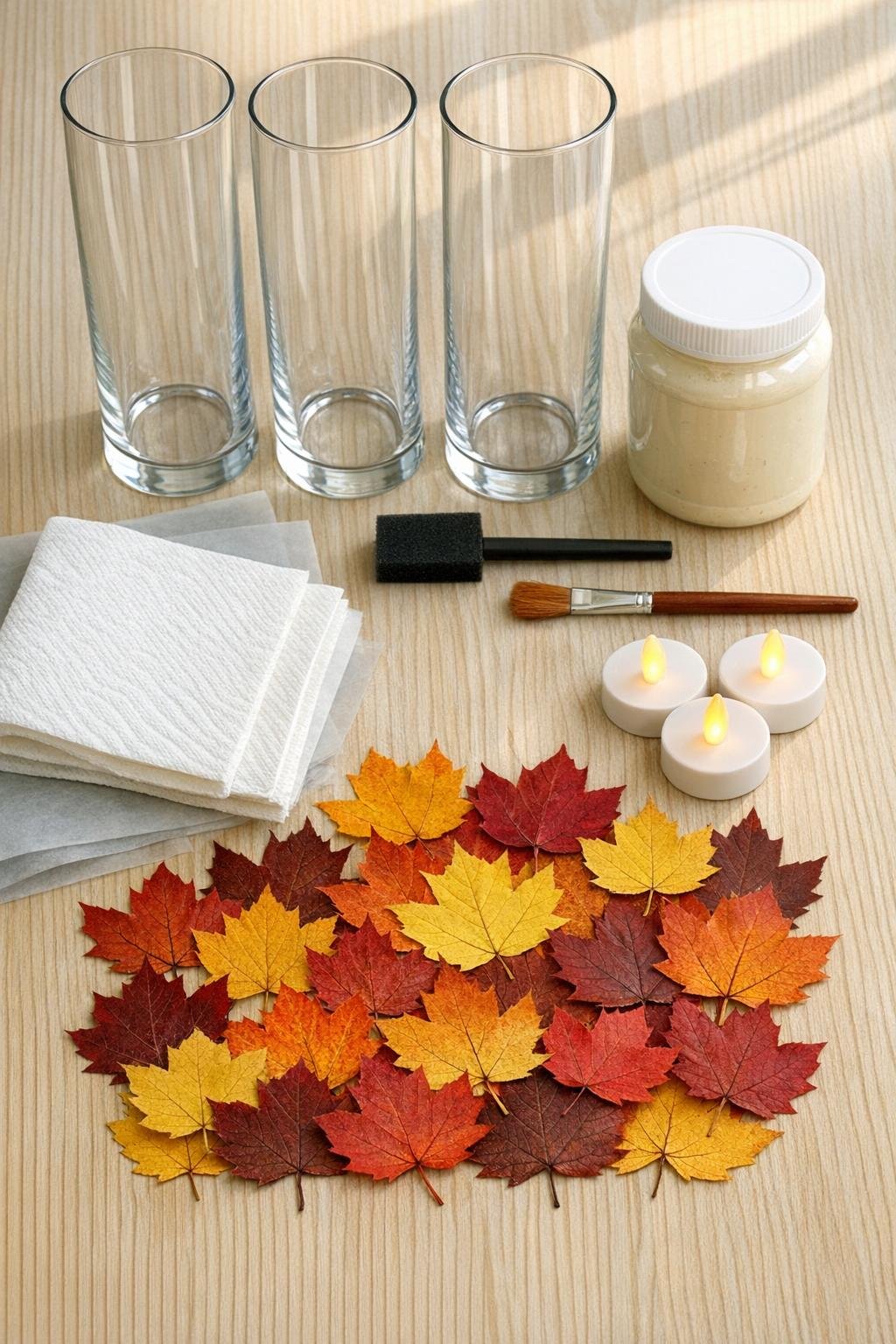 Pressed autumn leaves, glass cylinder vases, decoupage supplies, and LED tea lights laid out together