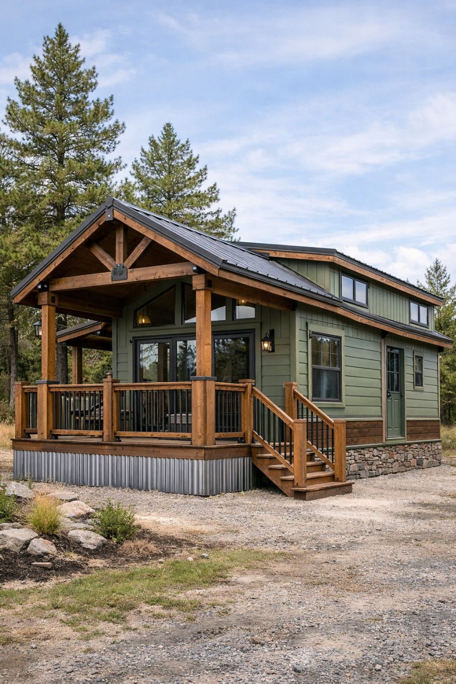 Porch Rvt Model Come on in to this muted green lodge park model RV with an extended ...