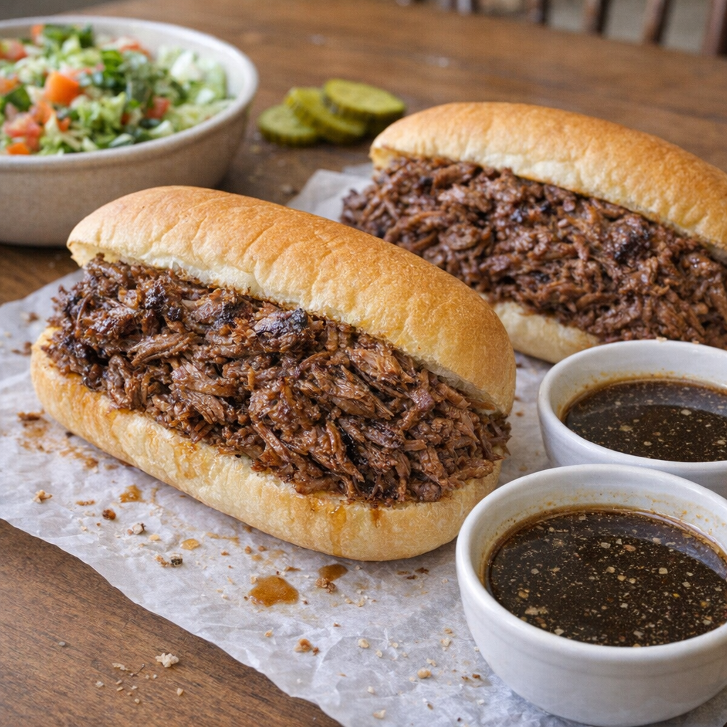 Slow cooker French dip sandwiches set out for dinner