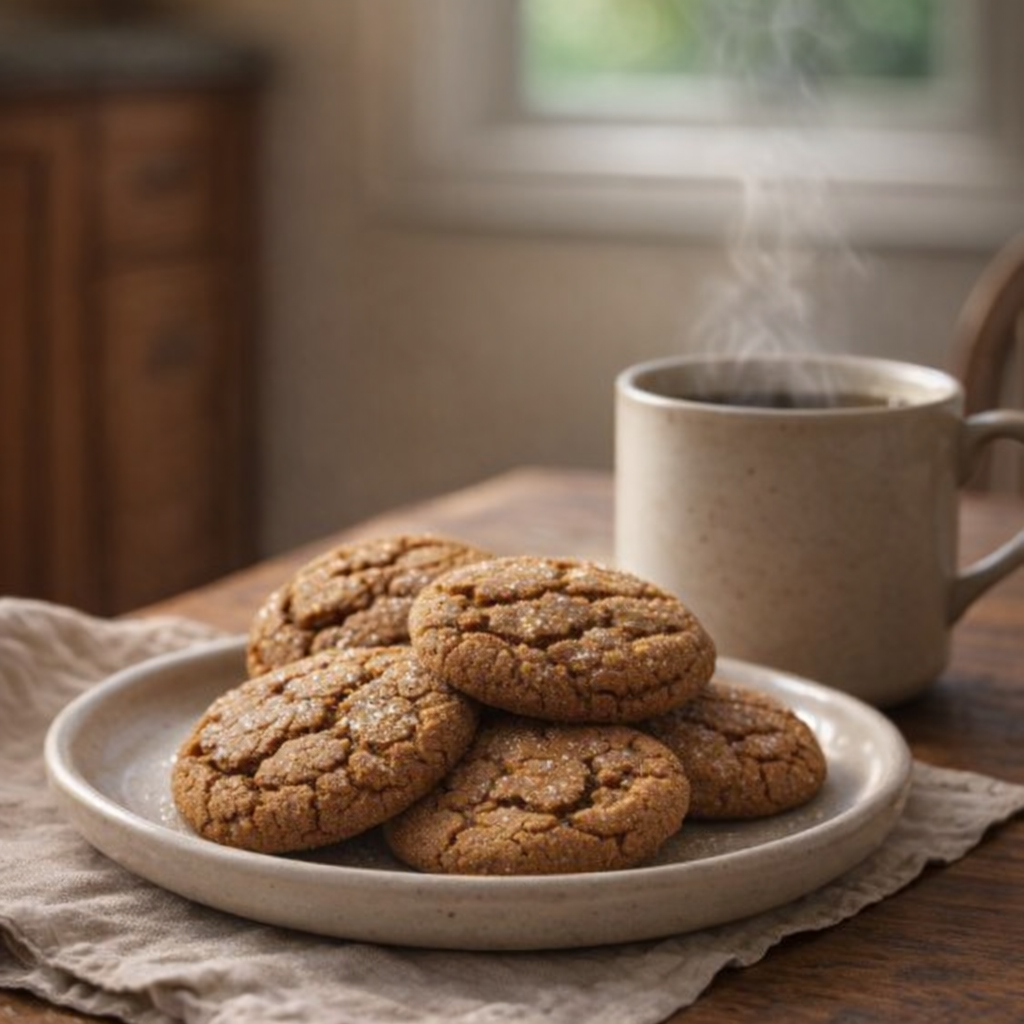 Plate of molasses cookies served with coffee for an afternoon treat