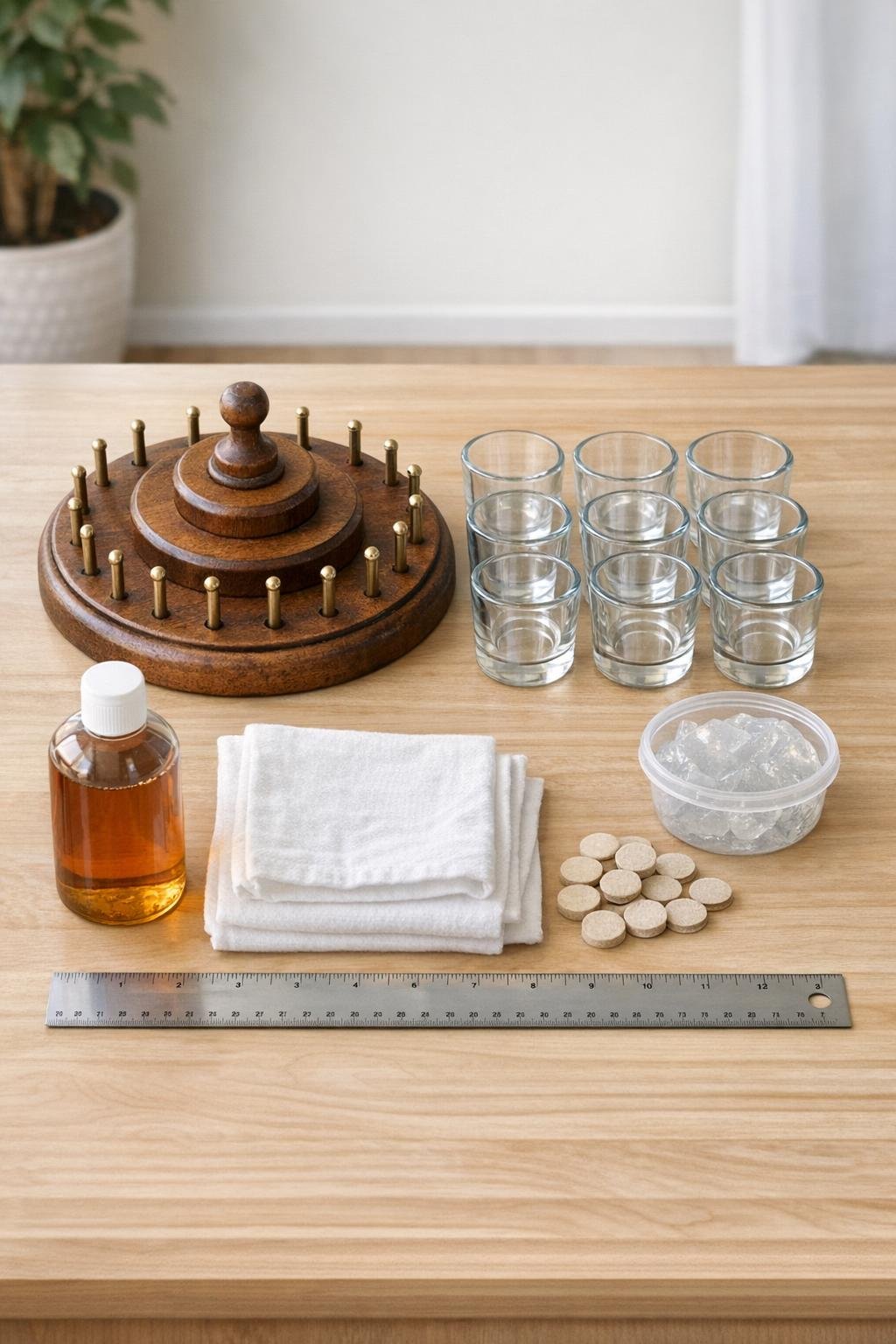 Materials for a bathroom vanity organizer laid out on a table