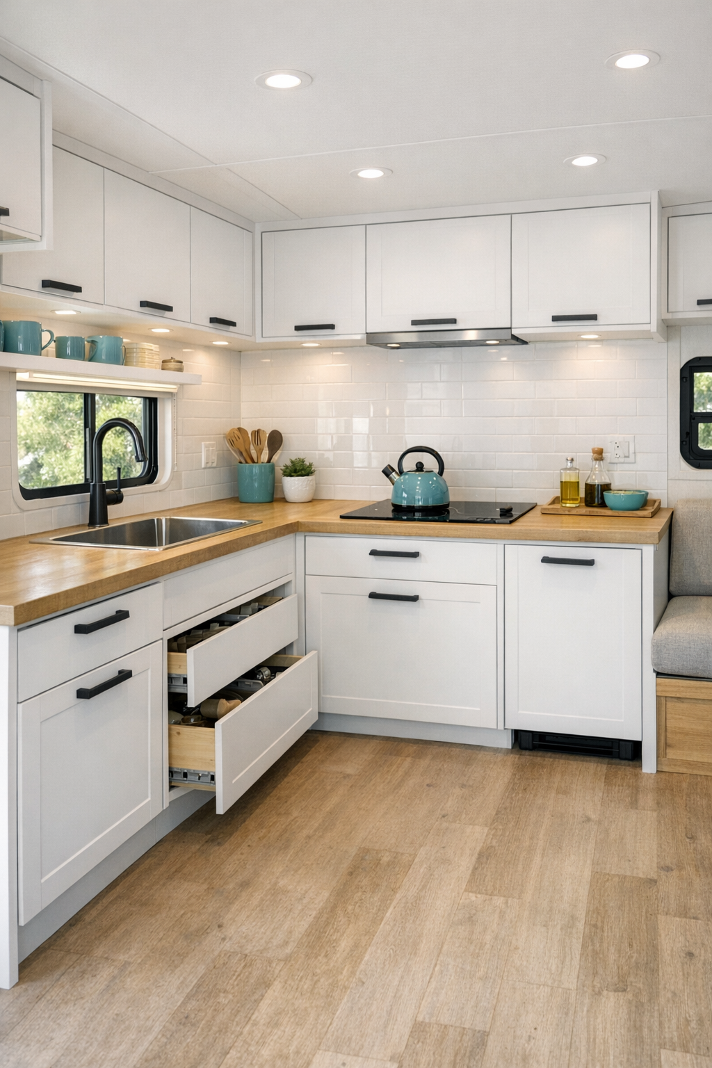 Accessible RV kitchen with white cabinetry, light wood counters, and turquoise details