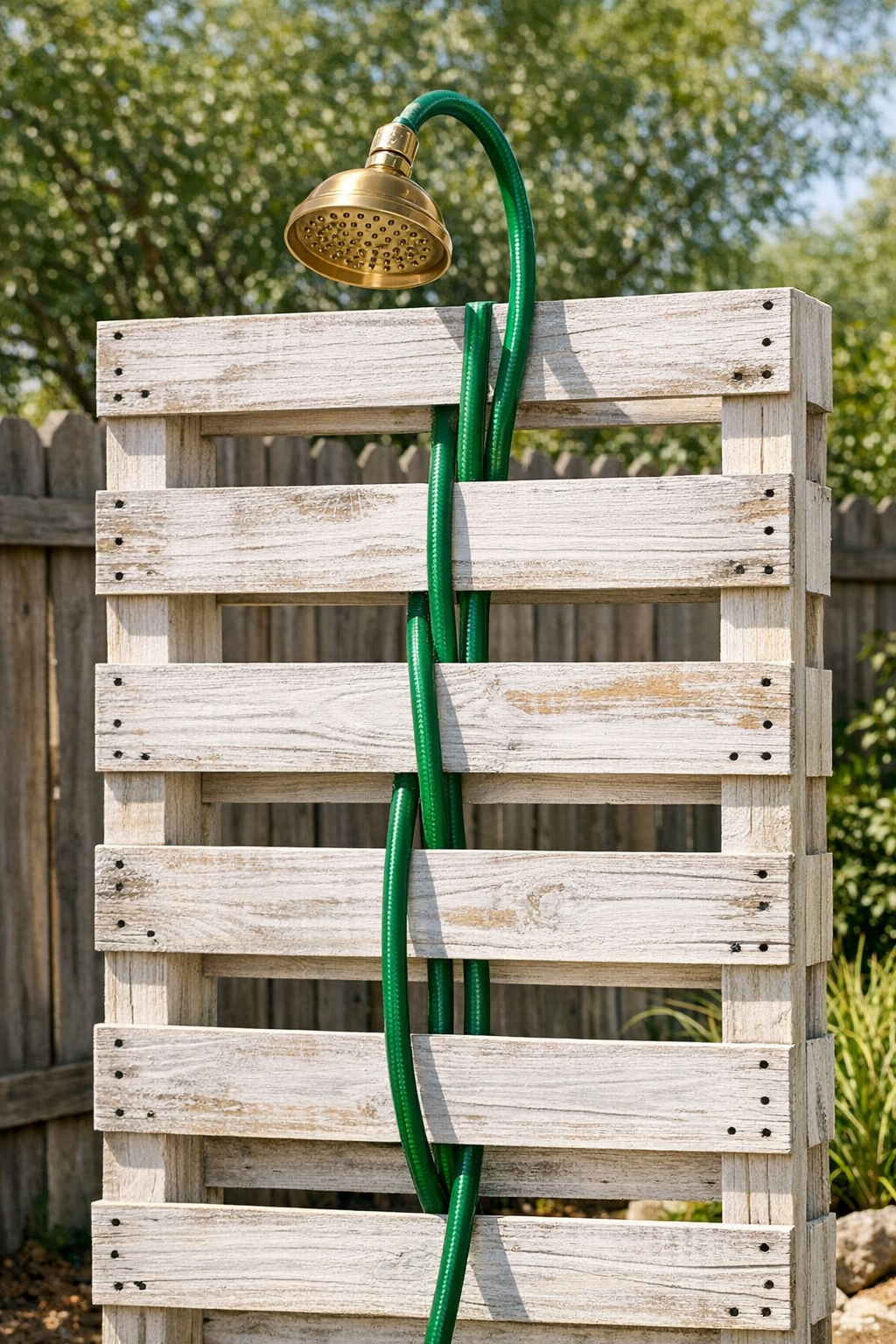 Finished pallet outdoor shower with hose and brass showerhead