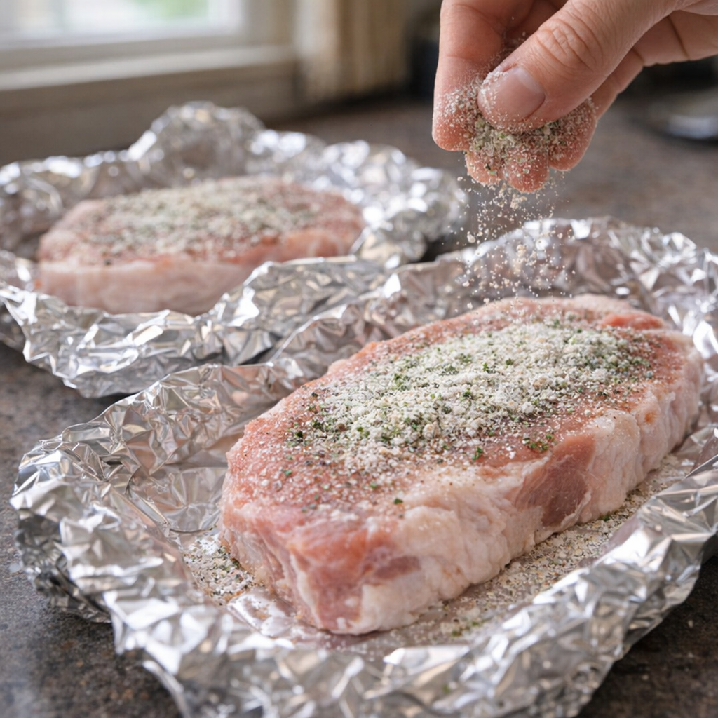 Ranch seasoning being sprinkled over pork chops in foil