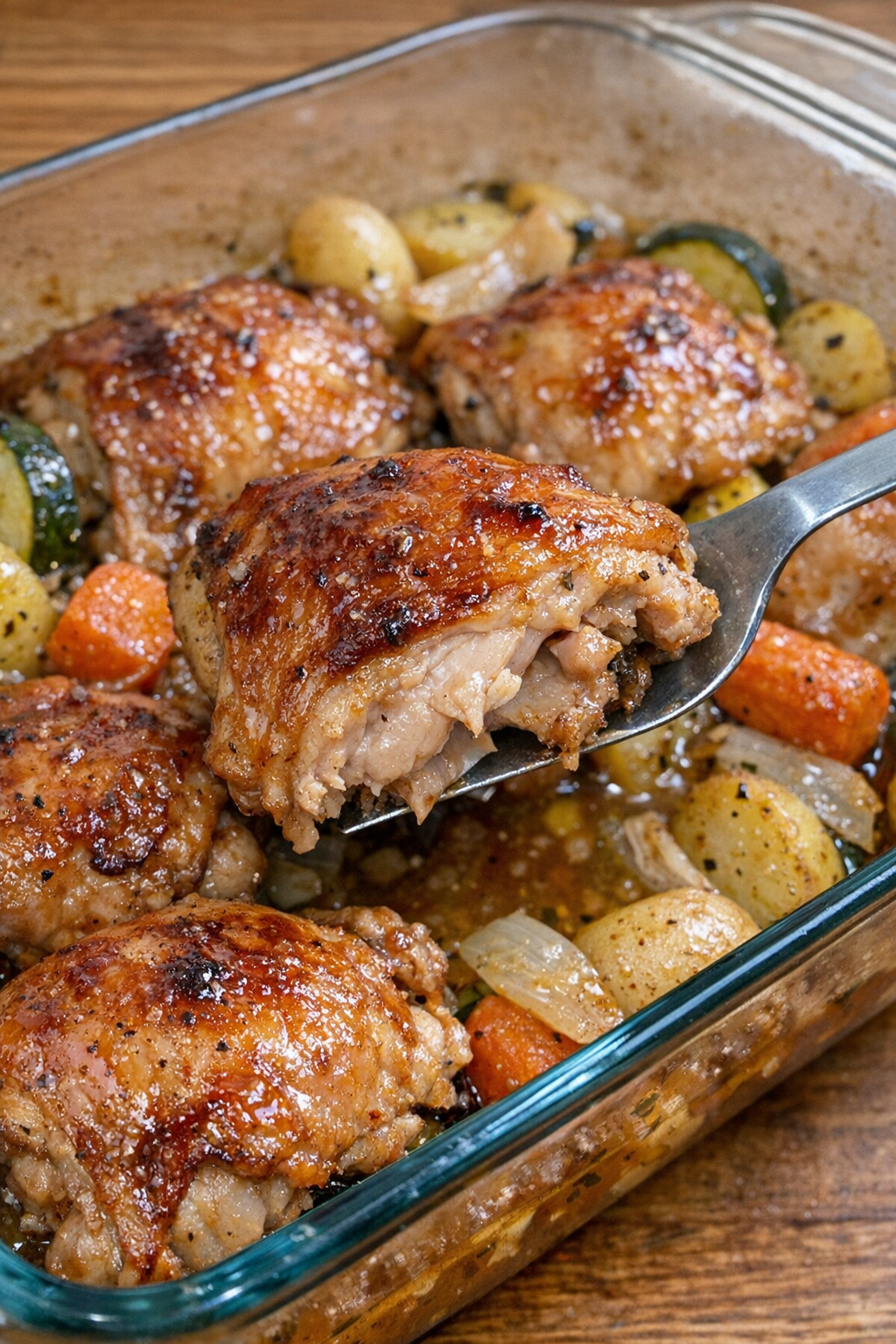 Juicy glazed chicken thighs with vegetables in a rectangular baking dish