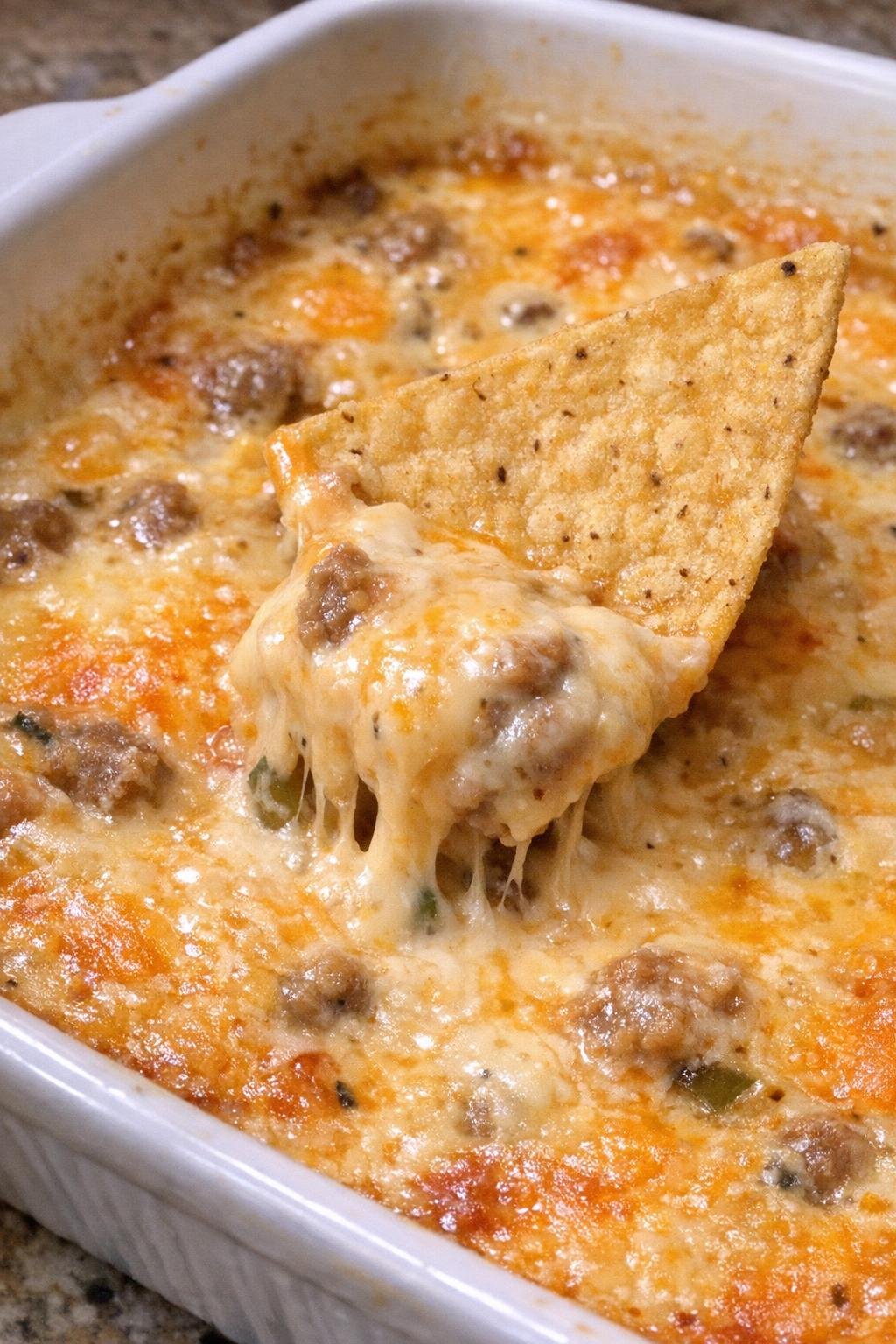 Close-up of queso dip in a casserole dish with a tortilla chip scooping melted cheese