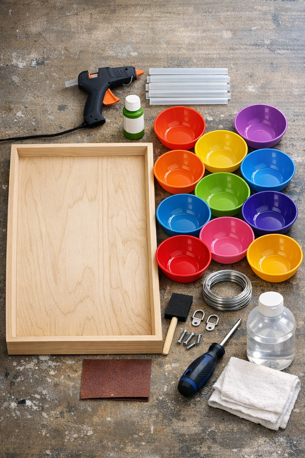 Materials for a giant paint palette door hanger laid out on a table