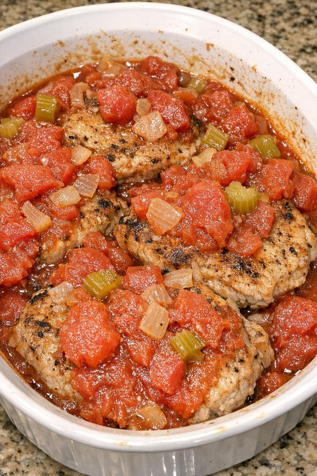 Tender pork chops with stewed tomatoes in a casserole dish