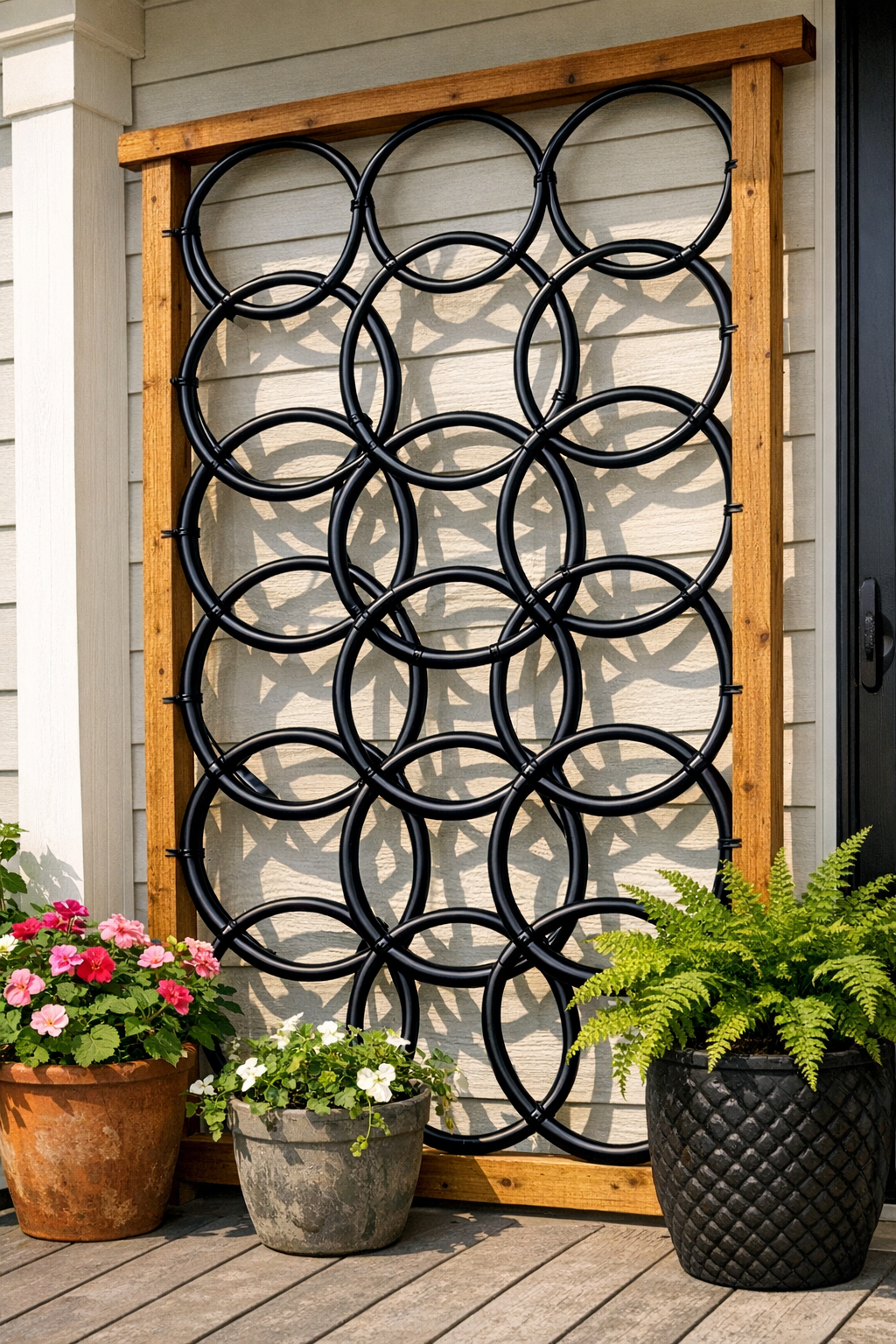 Finished faux wrought iron porch trellis made from black-painted hula hoops on a wooden frame
