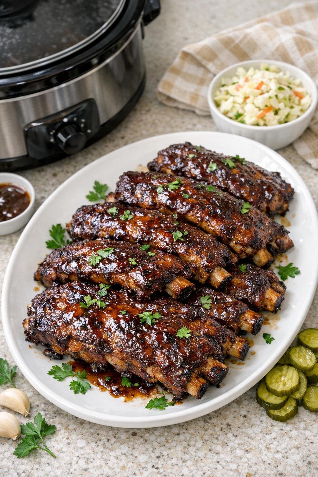Finished slow cooker baby back pork ribs on a platter