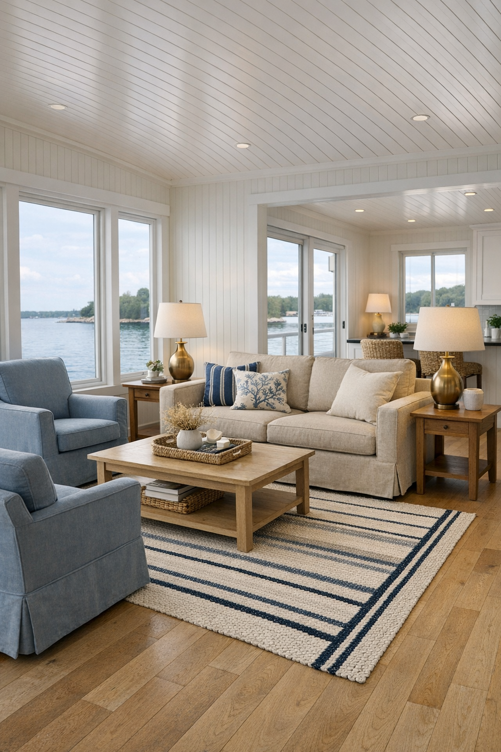 Bright coastal living room with pale oak floors and soft blue seating
