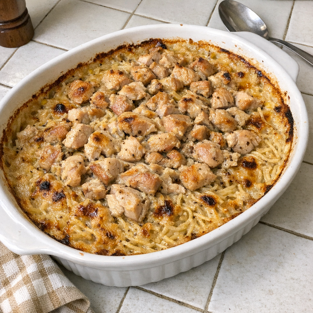 Finished Amish chicken thigh vermicelli bake in a ceramic casserole dish