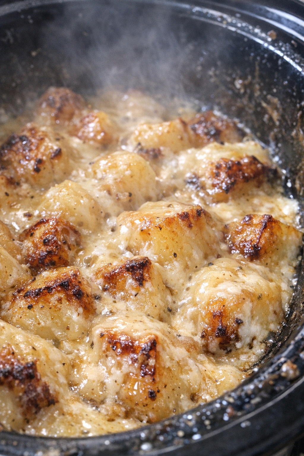 Golden crusted starchy cubes in a slow cooker with creamy bubbling sauce